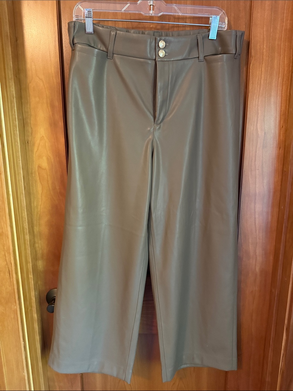 Chico's Faux Leather High-Waist Pants in Taupe Brown with Gold Buttons